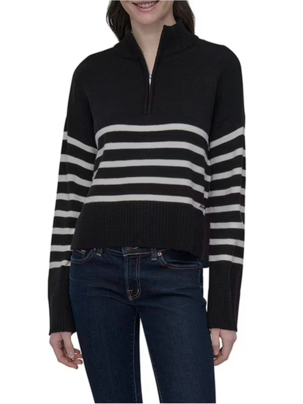 DKNY Black & White Striped Half-Zip Turtleneck Sweater